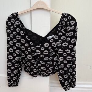 Chic Black and White Lip Print Blouse